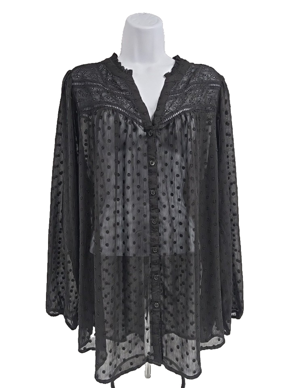Torrid Womens Blouse Sheer Black Swiss Dot V Neck Long Sleeve Size 3X